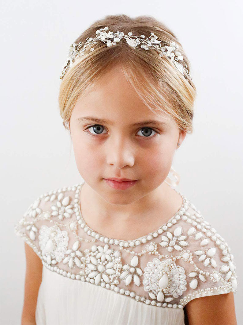 Girl Flower Headpiece Silver Princess Headband Flower Pearl Hair Accessories for Birthday Party, Photography