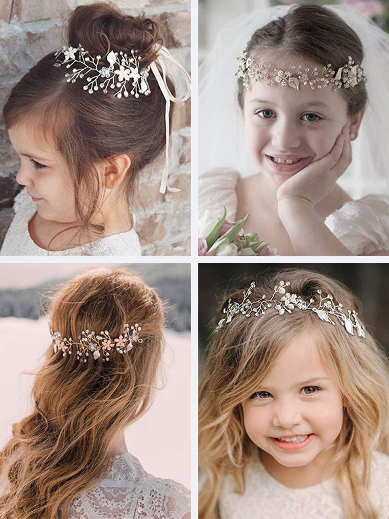 Girl Flower Headpiece Silver Princess Headband Flower Pearl Hair Accessories for Birthday Party, Photography