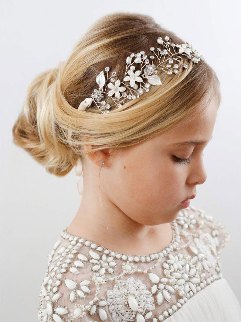 Girl Flower Headpiece Silver Princess Headband Flower Pearl Hair Accessories for Birthday Party, Photography