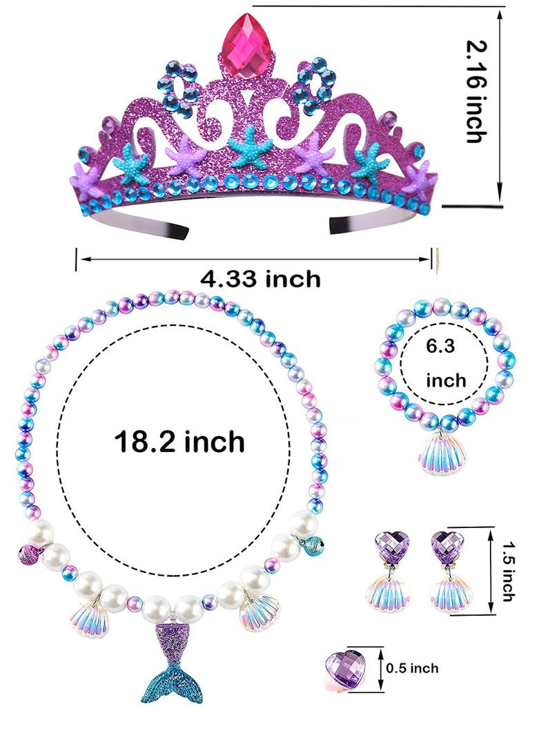 Girls Princess Necklace Bracelets Ear Clips Set Mermaid Pendant Princess Party（5 PCS） - Uporpor