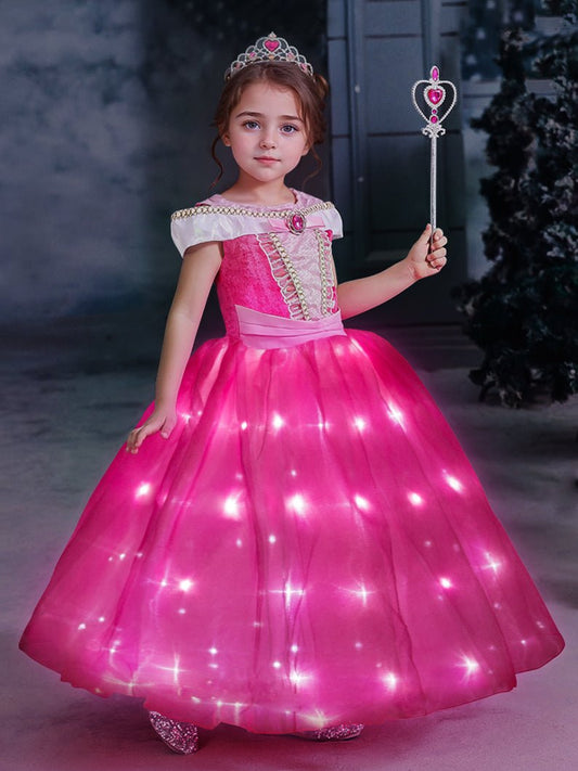 Light Up Aurora Costume Princess Short Sleeve Dress for Girls' Party and Fancy Dress - Uporpor