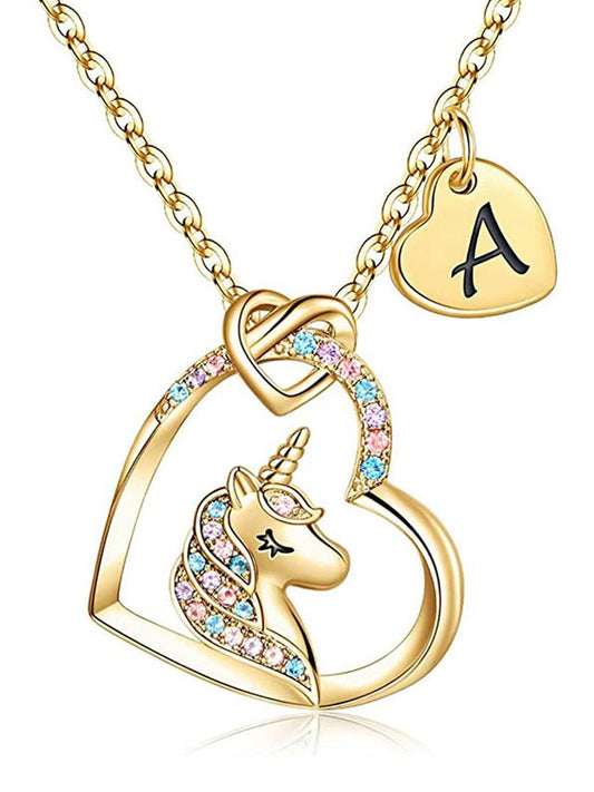 Unicorns Gifts for Girls Letter A Gold CZ Heart Pendant Necklaces - Uporpor