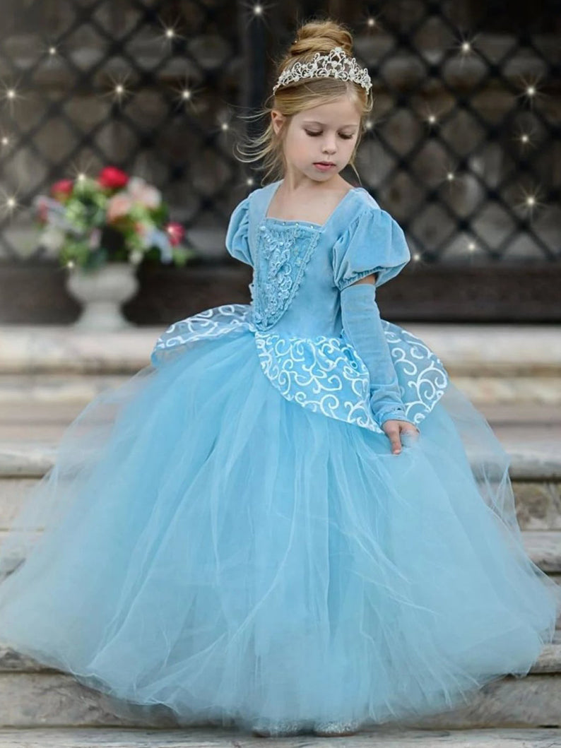 Girls Green Solid Pleated Western Cinderella Gown Frock, Stylish Party Dress  For Girls, Cinderella Dresses For